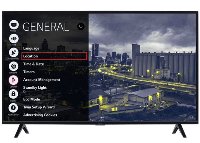 Location settings option in General settings on LG TV