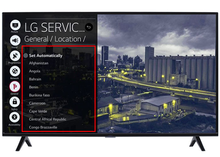 Country selection menu on LG TV