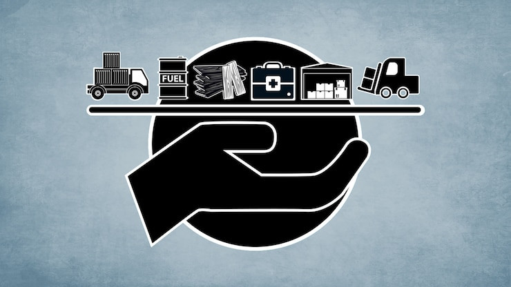 A simplified illustration of a hand holding a tray with a delivery truck, fuel drum, construction materials, medical supplies, storage and a forklift