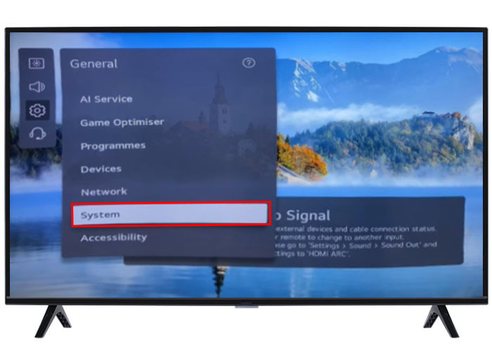 System settings option in General settings on LG TV