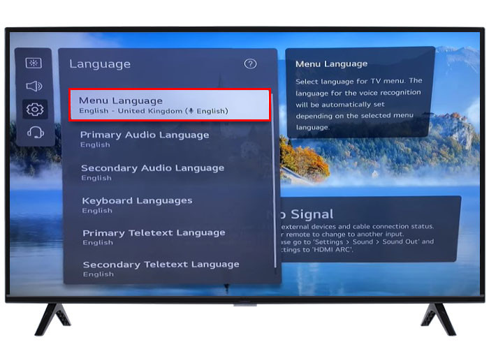 Language settings option in System settings on LG TV