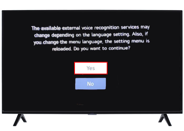 Language selection menu on LG TV