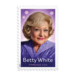 alt text for Betty White Stamps:  Sheet of commemorative stamps featuring Betty White issued by the American Postal Service