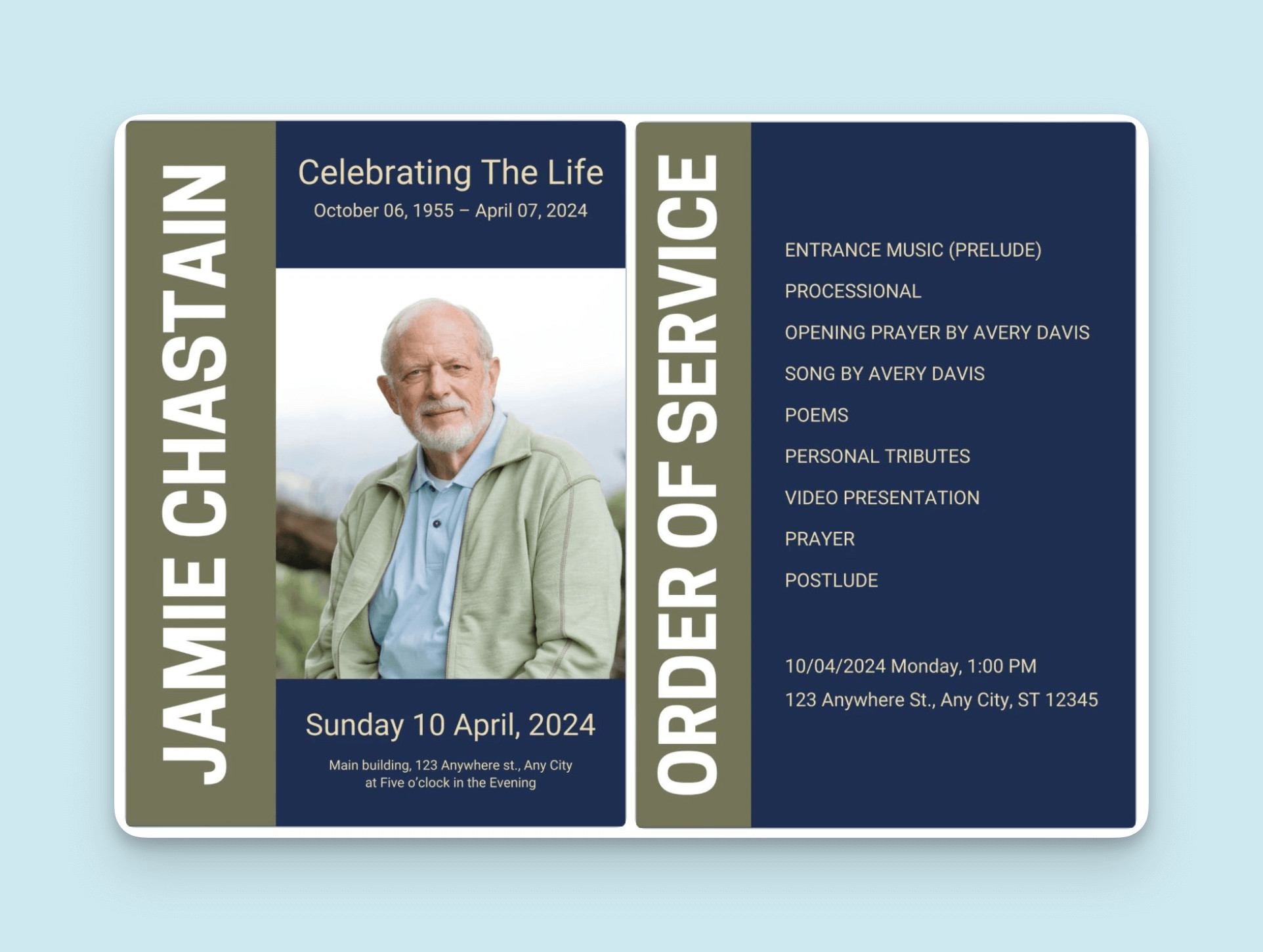 alt text: Example of a bold and modern memorial service program template.