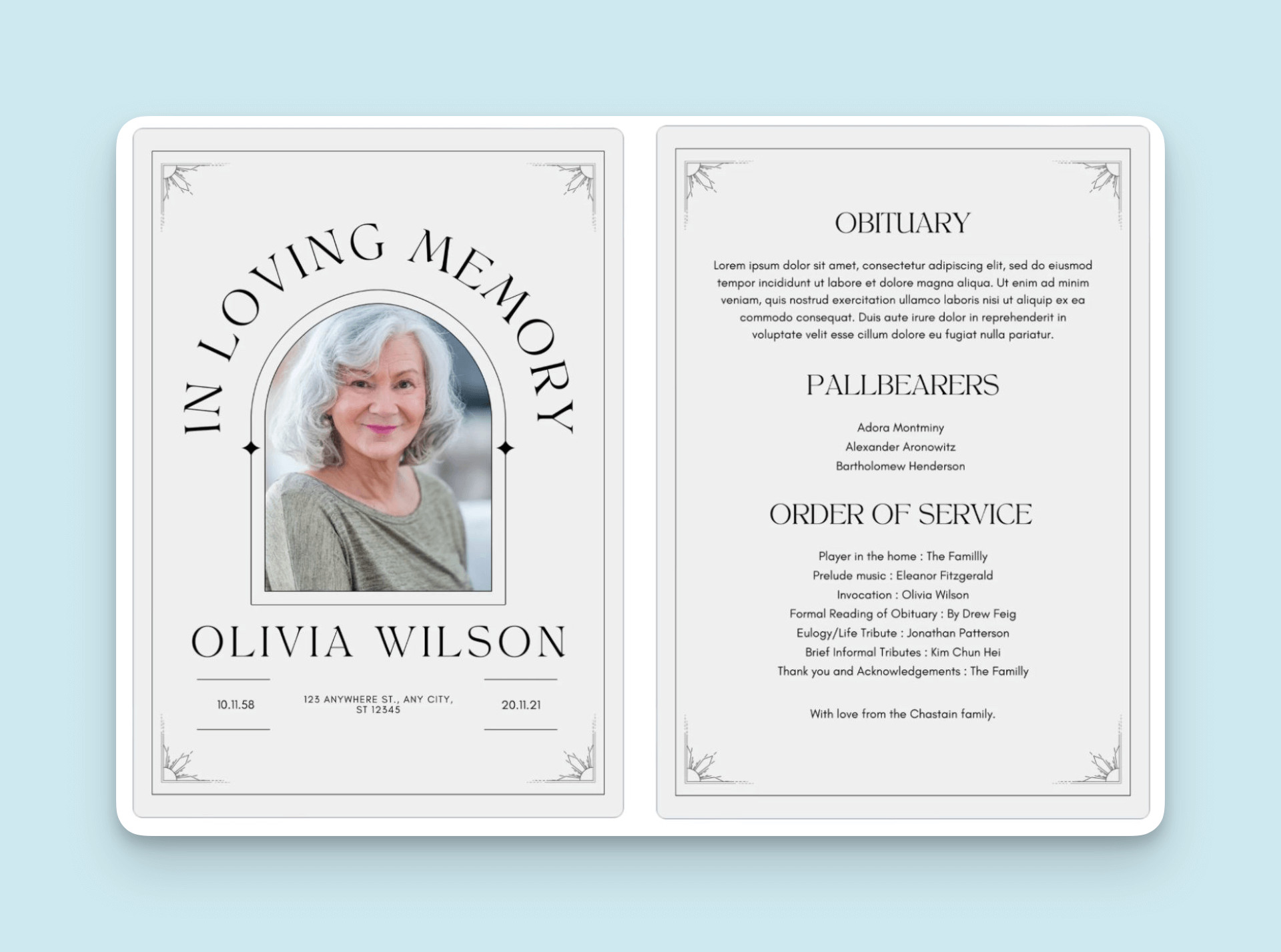 alt text: Example of a modern and minimalist memorial service program template.