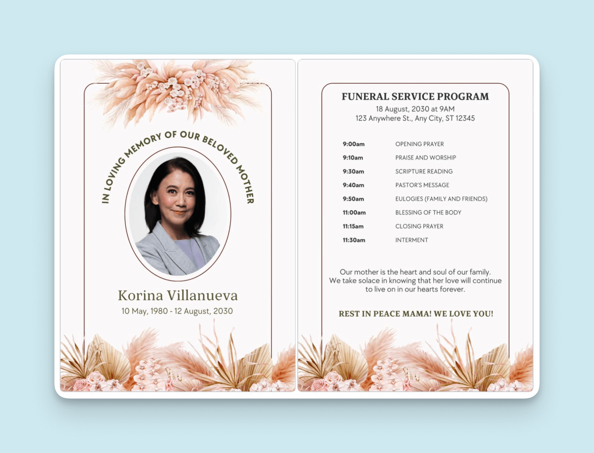 alt text: Example of a memorial service program template with a floral design.