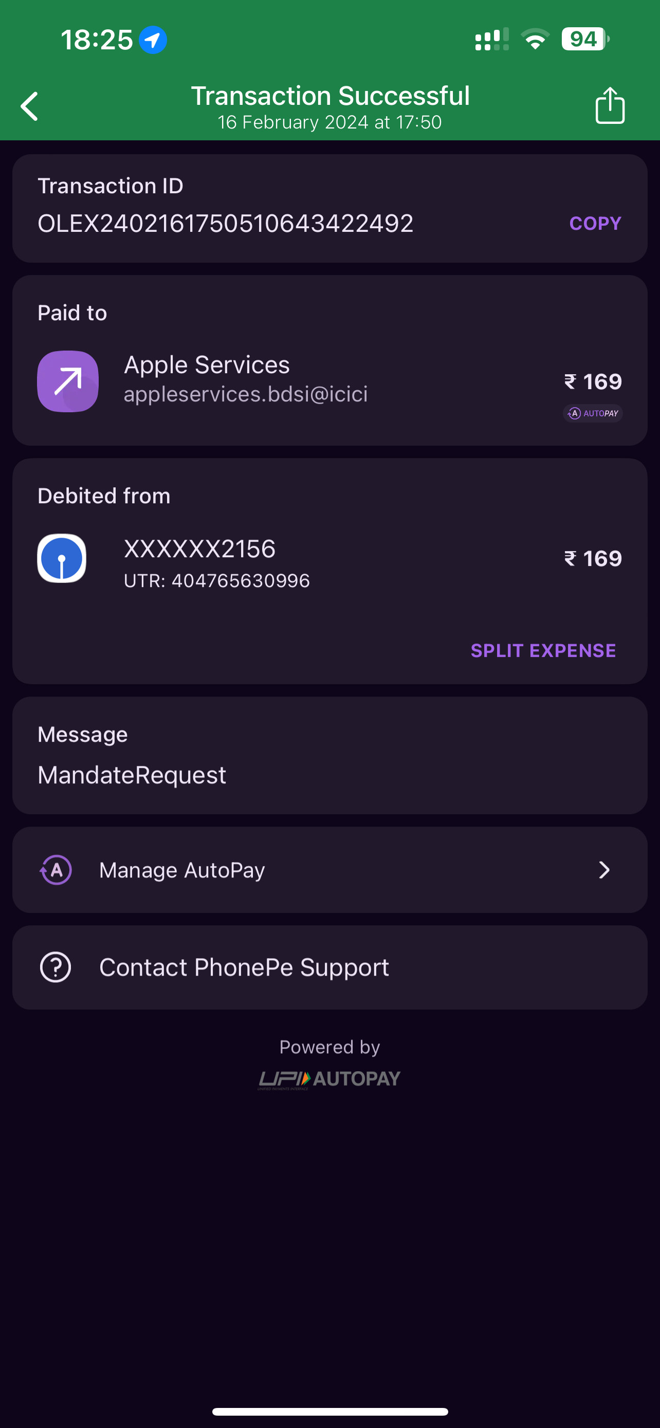 PhonePe payment to Apple Services for unrenewed YouTube Premium subscription, illustrating Apple Services billing problems