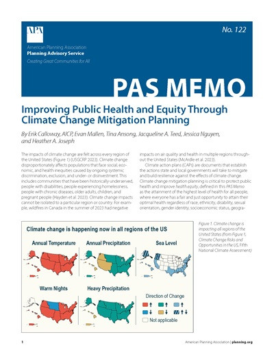 Cover of PAS Memo 122: Improving Public Health and Equity Through Climate Change Mitigation Planning.