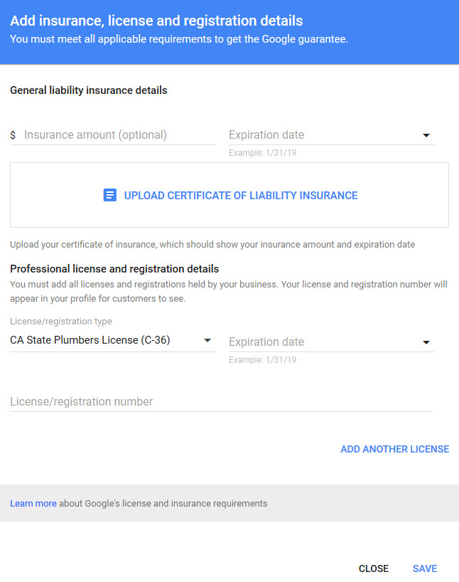 Section in Google Local Services Ads setup to add license and insurance details for Google Guarantee eligibility.