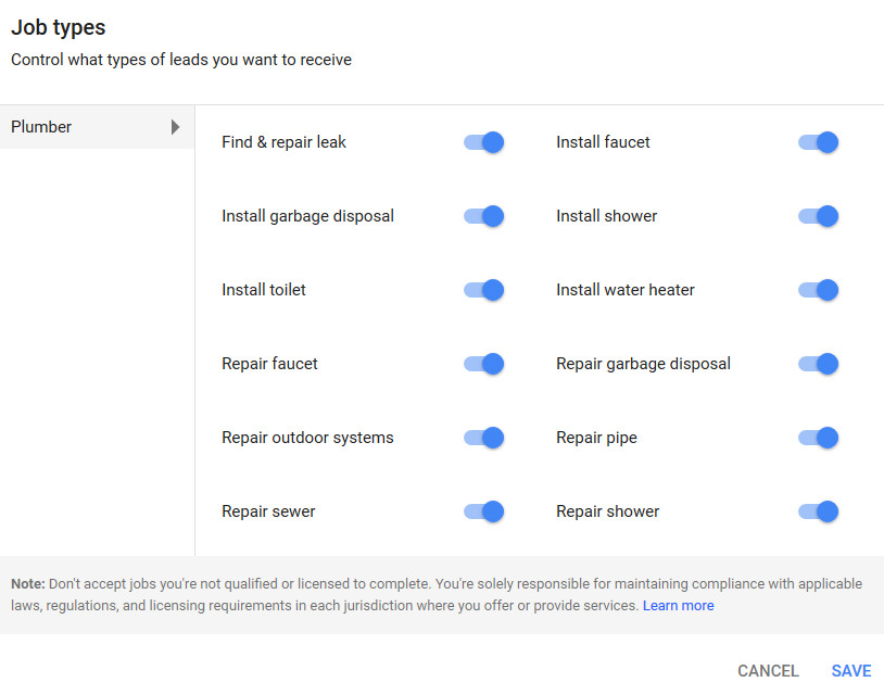 Example of a Google Local Services Ads business profile showing editable sections like budget and service areas.