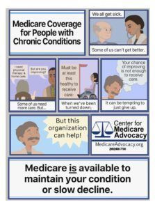 Flyer about Chronic Conditions Coverage under Medicare. Text includes: Chronic Conditions Are Coverable. Medicare covers people with chronic conditions. Coverage is available for services to maintain, or slow decline of your condition. For more information and resources visit MedicareAdvocacy.org. Center for Medicare Advocacy.