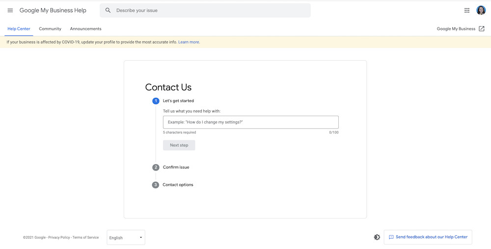 Contact Google My Business Support via Email Form