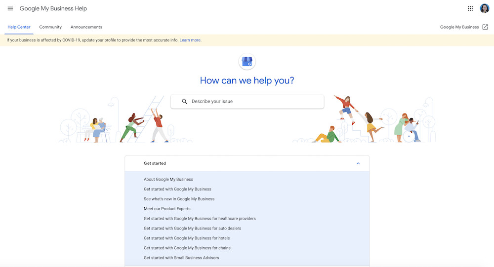 Google My Business Support Center Help Page