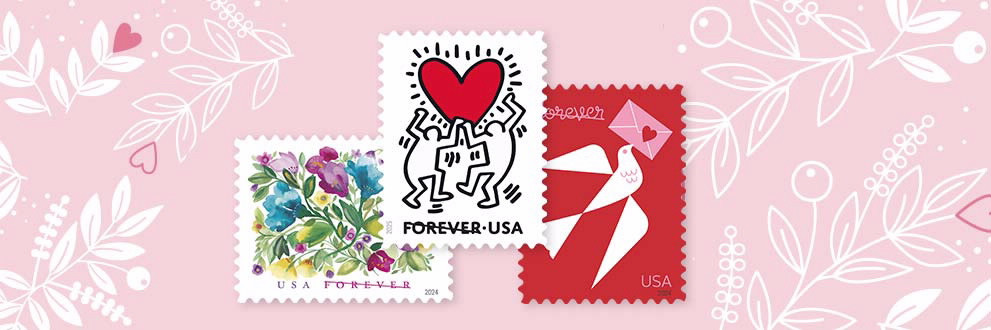 alt text for Sent With Love Stamps:  Promotional image for &quot;Sent With Love&quot; stamps available on the USPS website.