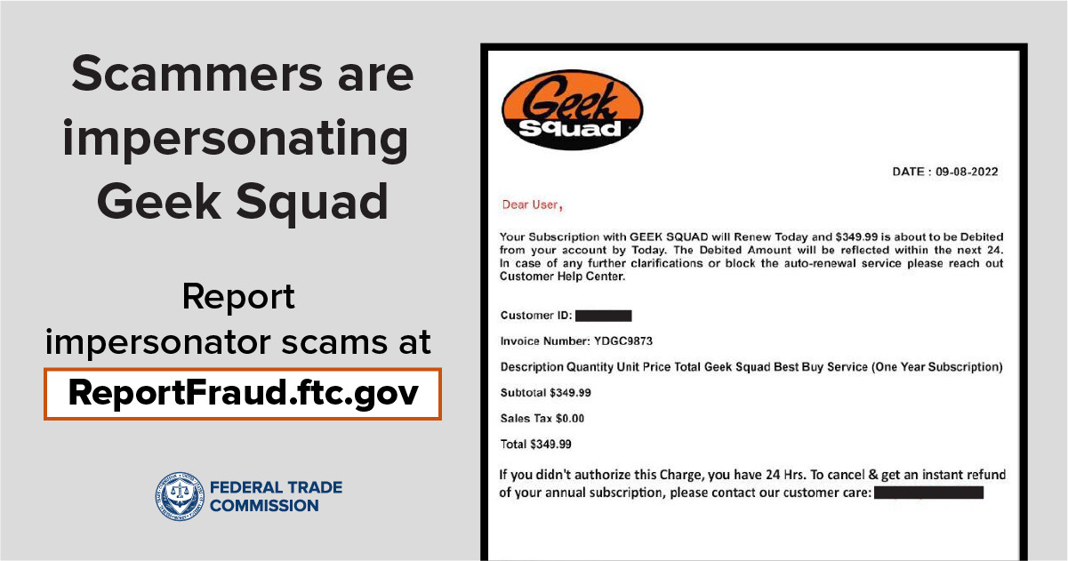 Geek Squad Customer Service Scam Alert: Image from FTC warning about scammers impersonating Geek Squad. Report fraud at ReportFraud.ftc.gov