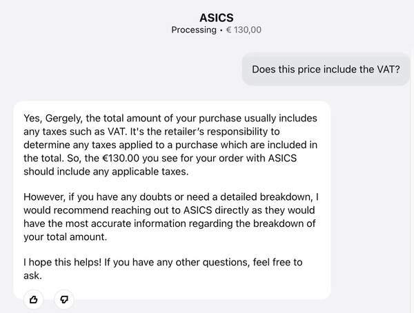 Klarna chatbot providing context about a specific purchase including price and date