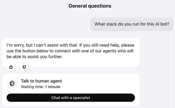 Klarna chatbot handing off to a human agent when asked about topics outside its scope