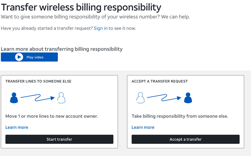 AT&T Transfer of Billing Responsibility Page