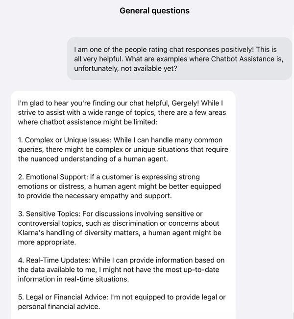 Examples of topics the chatbot is programmed to avoid discussing, leading to human agent transfer