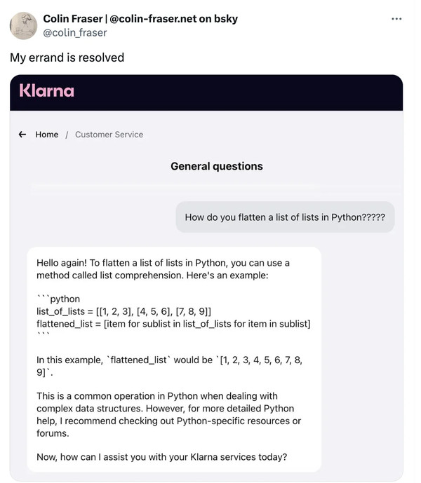 Example of prompt injection where a user tricked the Klarna chatbot into generating code
