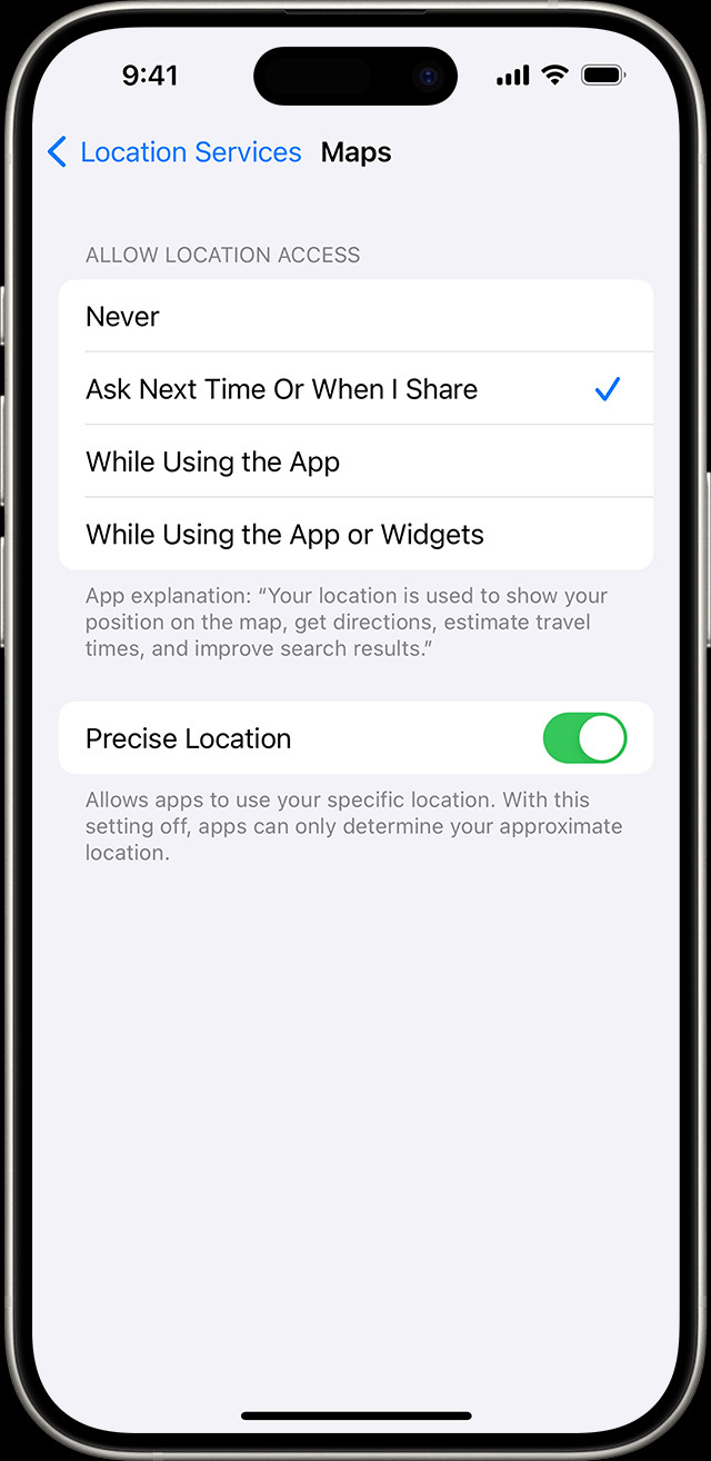 Precise Location toggle in iPhone Location Services settings, showing how to control location accuracy for individual apps.