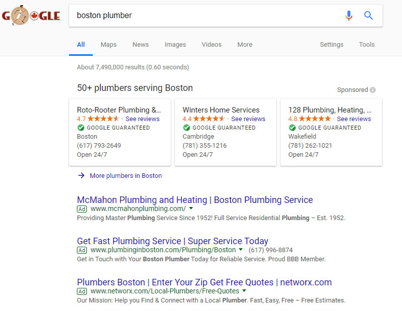 Example of Google Local Services Ads displayed on desktop search results for a local plumber.