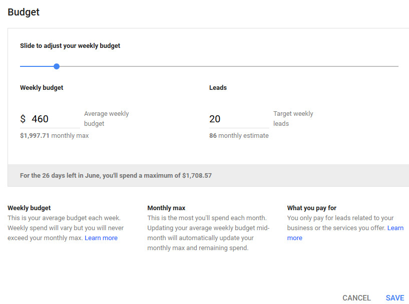 Adjusting weekly budget settings for Google Local Services Ads to control lead generation volume.