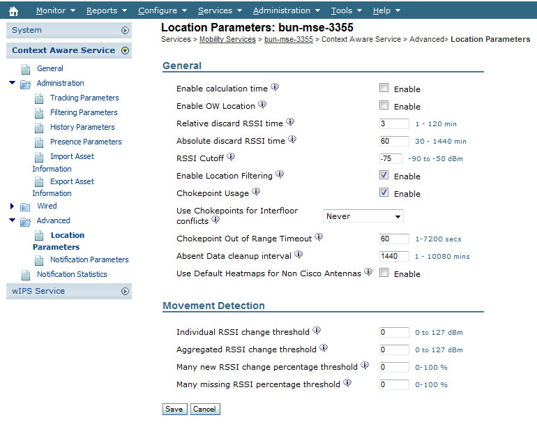 WCS Interface Showing Context Aware Services Location Parameters