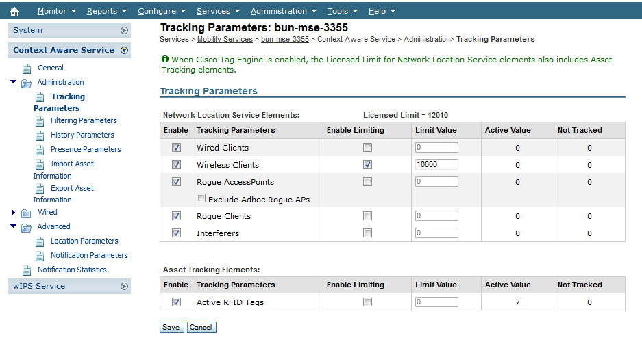 WCS Interface Displaying Tracking Parameter Values
