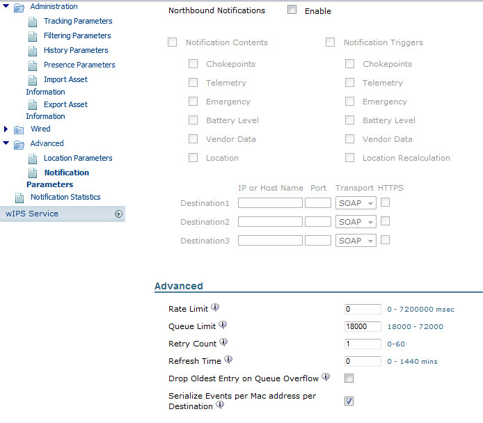 WCS Interface for Configuring Notification Parameters in Advanced Settings