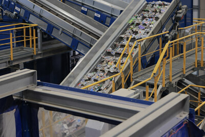 PET undergoing optical sorting at the Republic Services Polymer Center, showcasing advanced recycling technology.