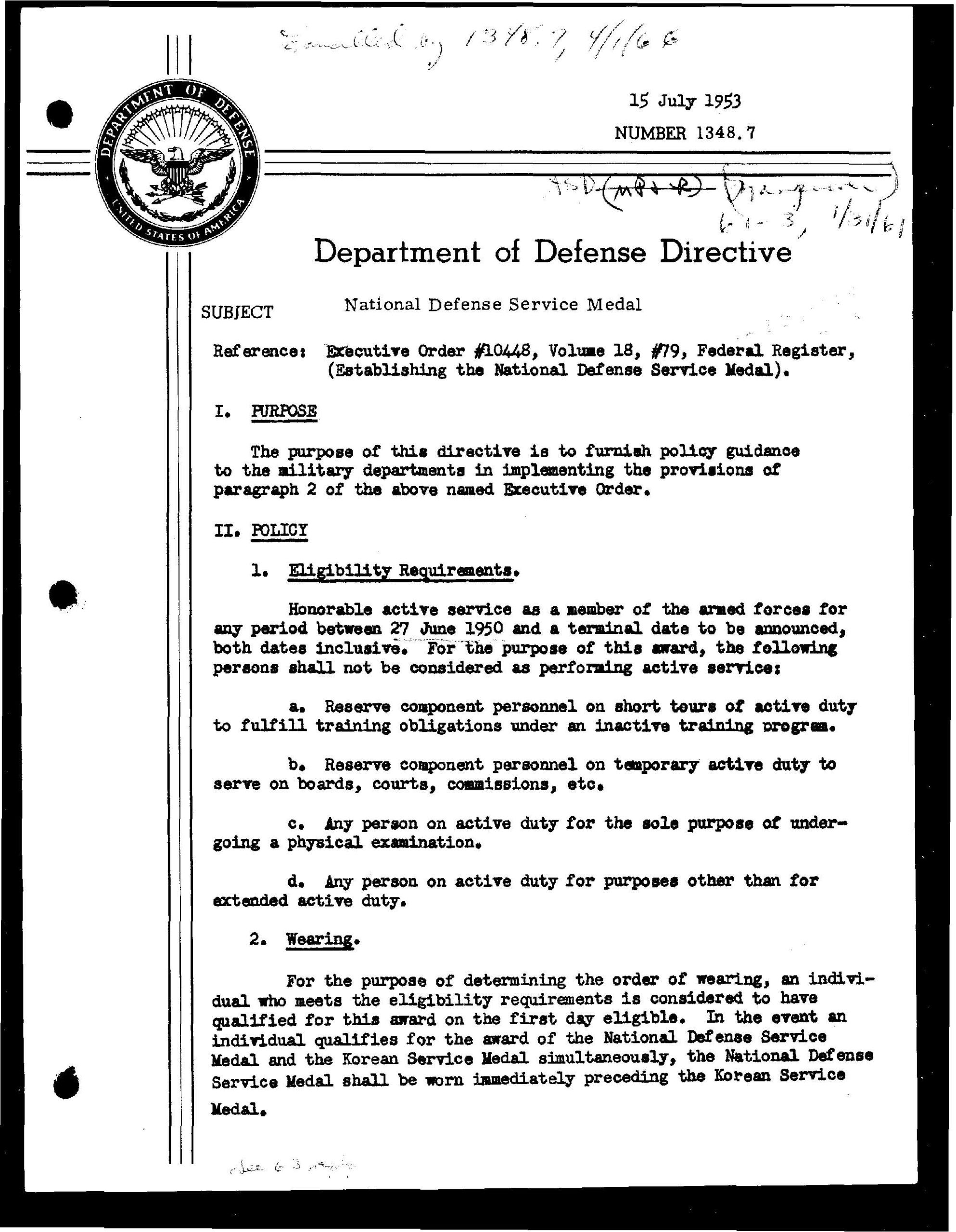 Department of Defense directive document excerpts detailing regulations for the National Defense Service Medal.