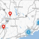 A map highlighting locations in Connecticut and New York where oil change services are available.