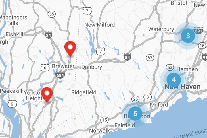 A map highlighting locations in Connecticut and New York where oil change services are available.