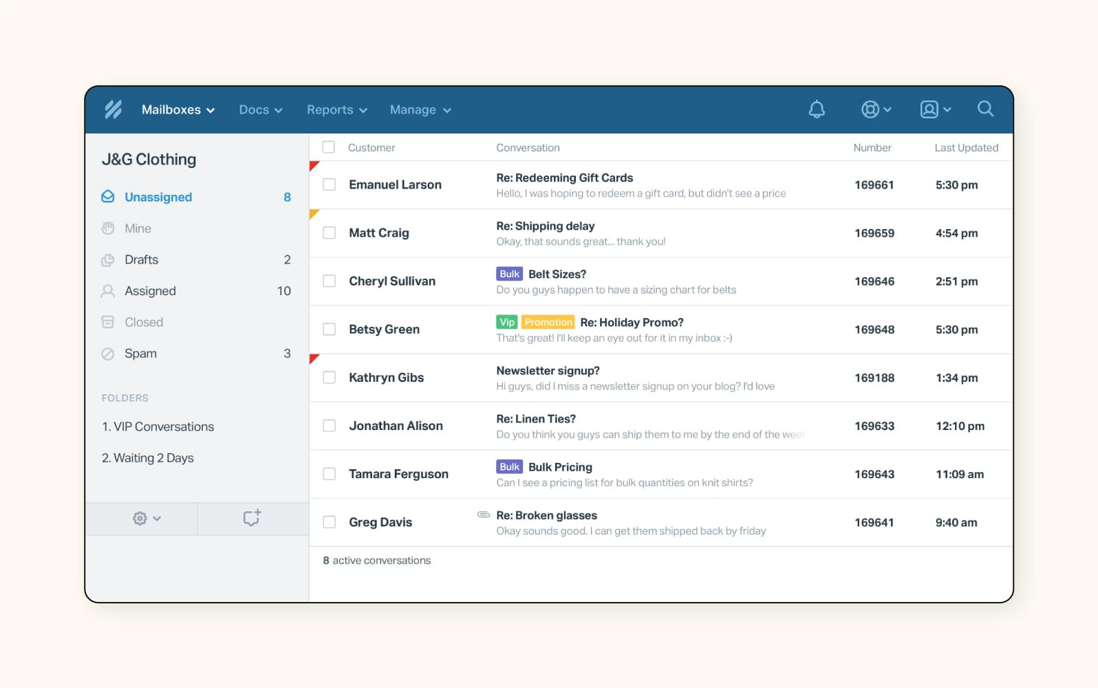 A screenshot showing the shared inbox interface for Help Scout customer support software.