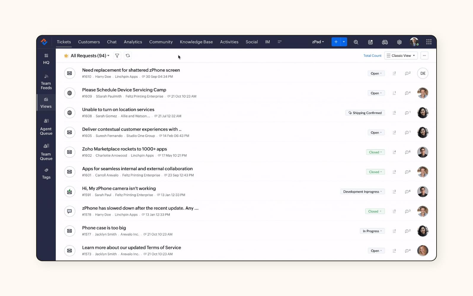 A screenshot showing an overview of the user dashboard for Zoho Desk customer support software.