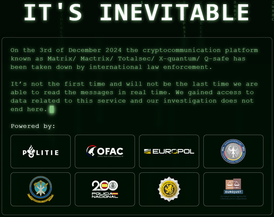 Seizure notice displayed on the MATRIX encrypted chat service website following the international law enforcement operation.