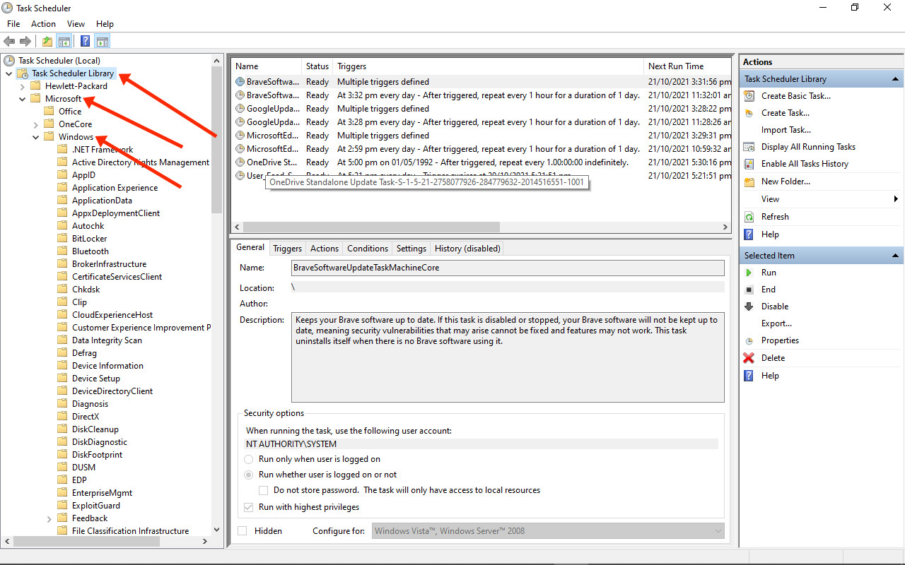 Navigating to Windows Defender tasks within Task Scheduler to adjust Antimalware Service Executable settings.