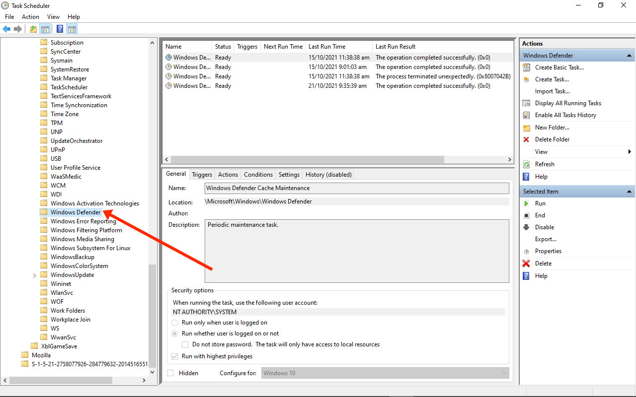 Selecting Windows Defender Scheduled Scan in Task Scheduler to modify Antimalware Service Executable schedule.