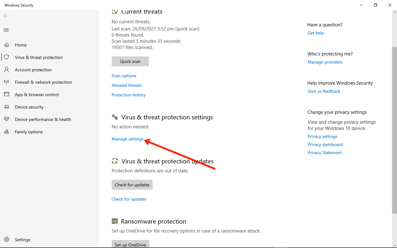 Managing Virus &amp; threat protection settings in Windows Security to configure Antimalware Service Executable exclusions.