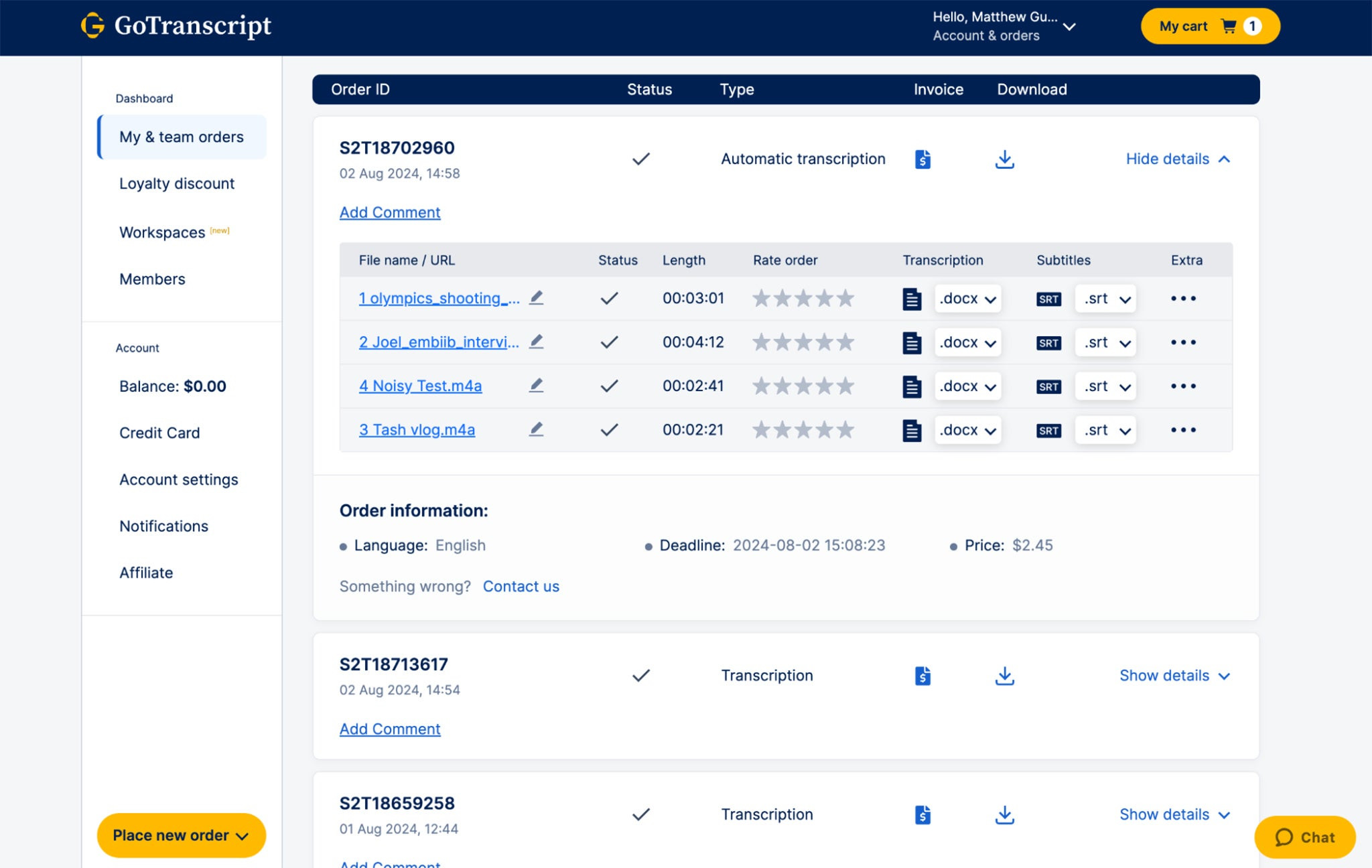 GoTranscript dashboard