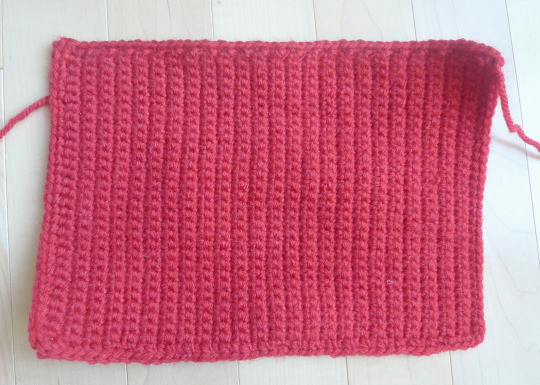 Close up of the single crochet border around the red rectangle, illustrating how it neatens the edges of the bow piece.