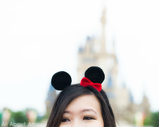 Crocheted Minnie Mouse ears headband in red and black, displayed as an example of previous headband crafting experience.