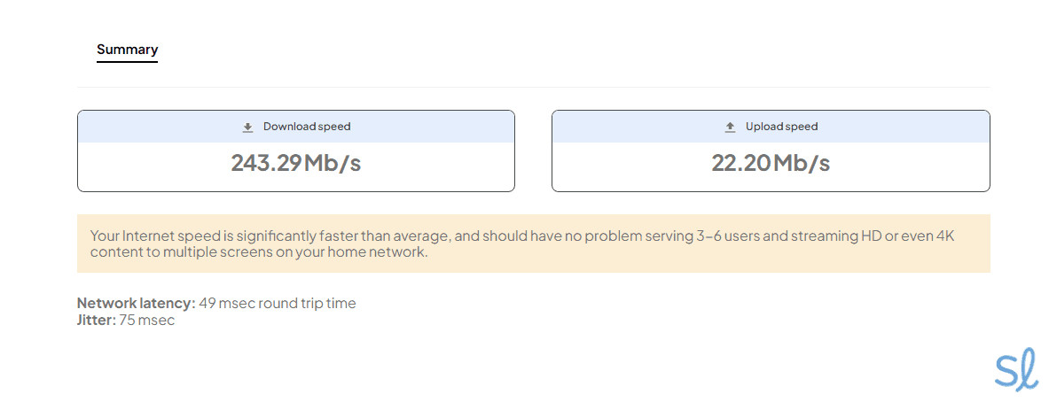 Speed test result showcasing 243 Mbps download speed on Spectrum Internet Ultra plan, a benchmark for evaluating best internet service performance.