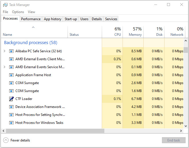 Task Manager window showing processes