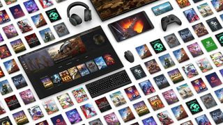 Xbox cloud gaming titles shown with keyboard, headset, Xbox controller and Xbox One home screen