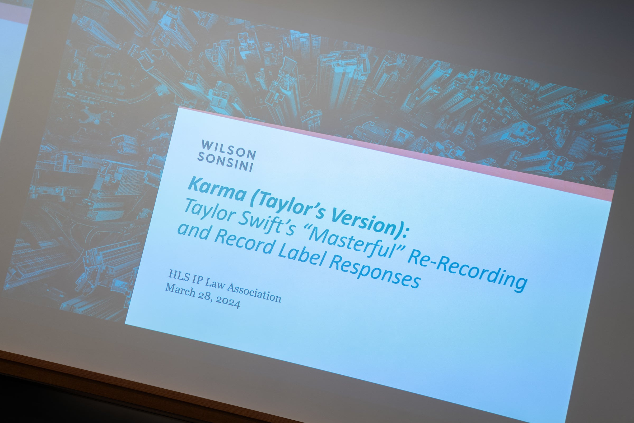 Presentation title slide, showcasing "Taylor Swift and IP Law" with an image of Gary Greenstein.