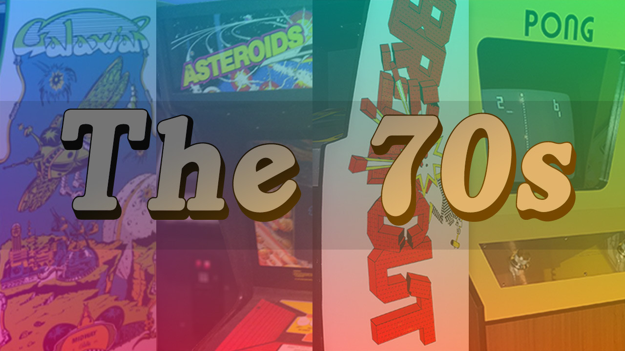 A vibrant collection of classic arcade games from the 1970s, showcasing the era's simple yet iconic designs and gameplay.