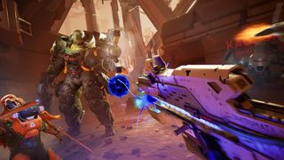 A screenshot of a player shooting a mech during the upcoming PS5 game, Metal Eden