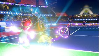 Mario smashes the ball in Mario Tennis Aces